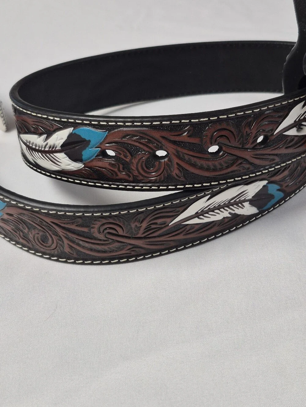 Ariat Mens Feather Floral Embossed Leather Western Belt With Justin Buckle Sz 34